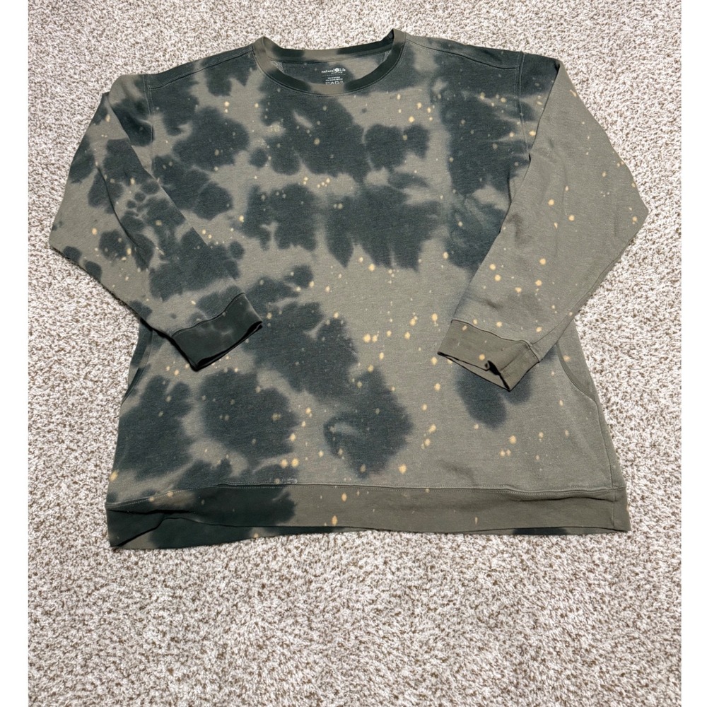 Natural Life Tie Dye Bleach Splatter Crewneck Sweatshirt Olive Green Large